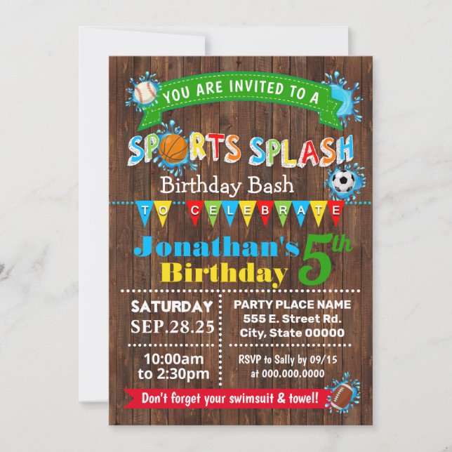 Sportaktivitäten Geburtstag Sommerwasser Party Einladung (Vorderseite)