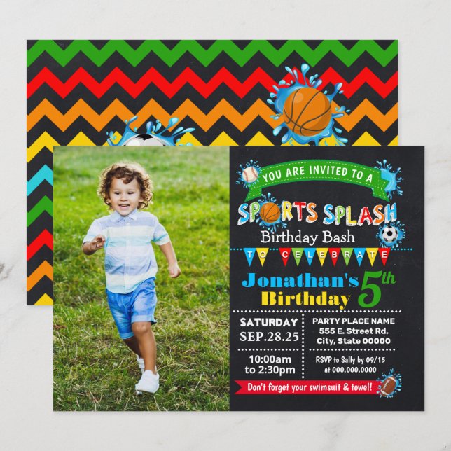 Sportaktivitäten Geburtstag Sommerwasser Party Einladung (Vorne/Hinten)
