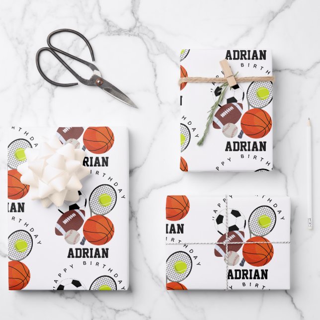 Sportathletische Balls Personalisiert Name Geburts Geschenkpapier Set (Vorderseite)