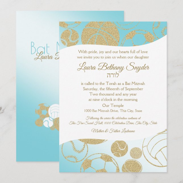 Sportboot Mitzvah Blau und Gold Einladung (Vorne/Hinten)