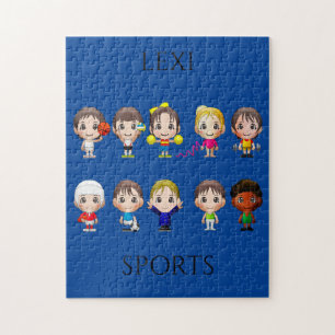 Sportcartoon Charaktere Kind Rätsel.