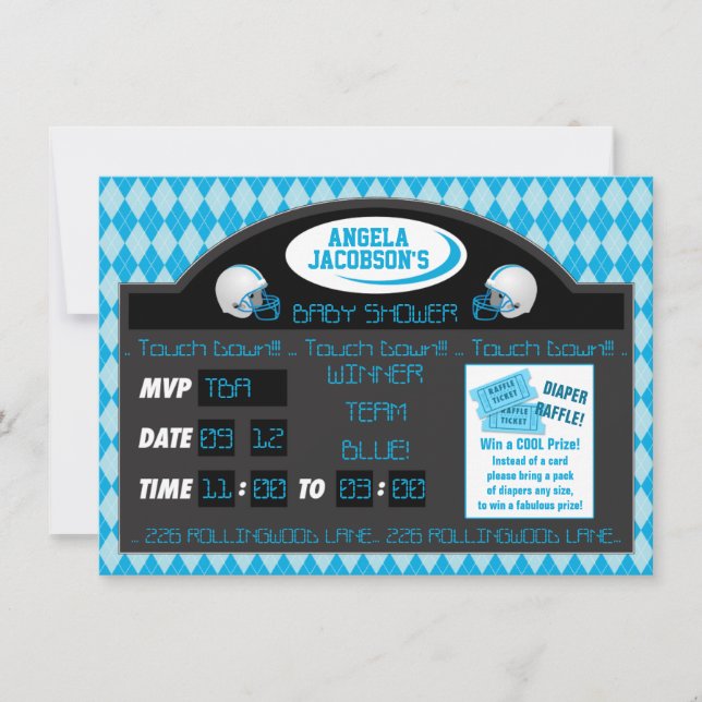 Sportfußball Scoreboard Baby Boy Dusche Blau Einladung (Vorderseite)