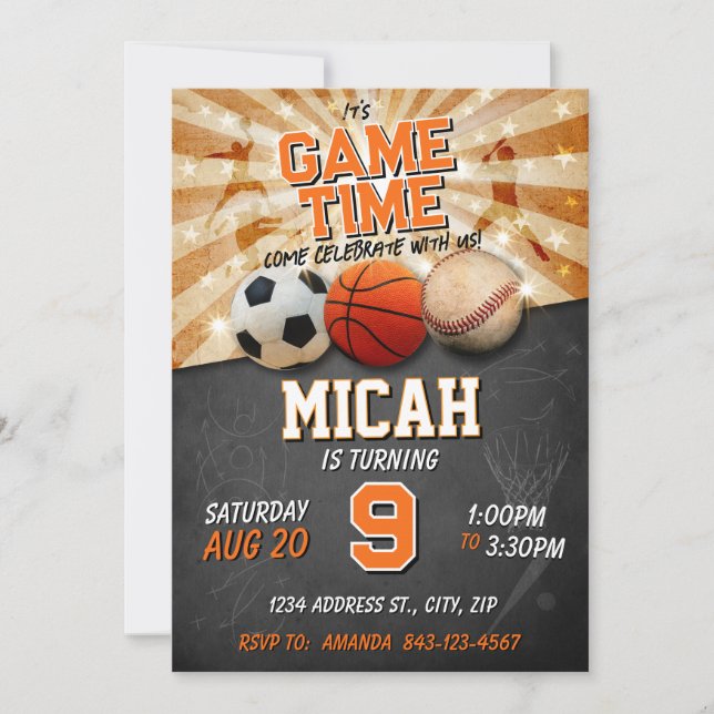 Sportgeburtstag laden Fußball-Baseball ein Einladung (Vorderseite)