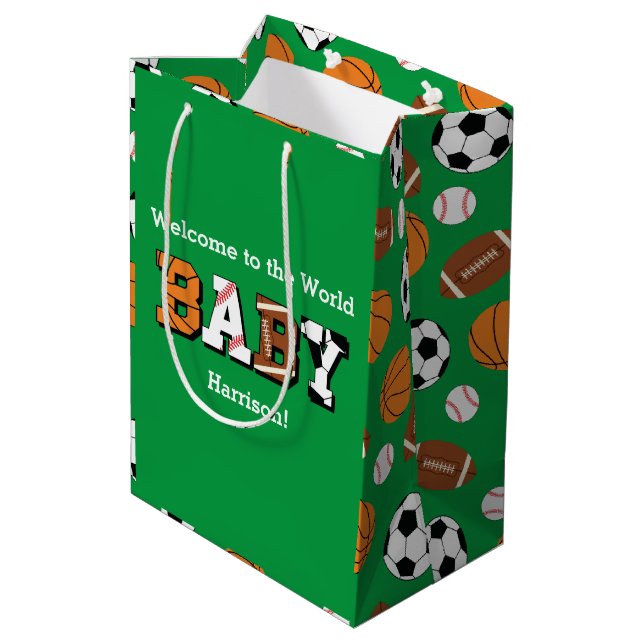 Sporthinderdusche mit grünem Geschlecht - neutral Mittlere Geschenktüte (Rückseite Schrägansicht)