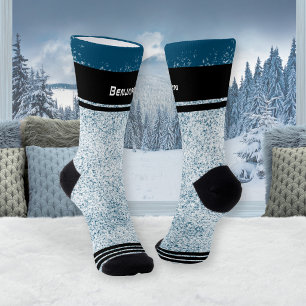 Sportige blaue Schneeflocken gestreifte Weihnachte Socken