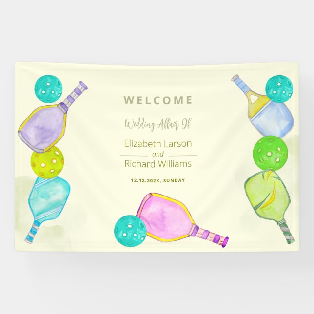 Sportliche Hochzeit Wasserfarben Pickleball Themen Banner (Horizontal)