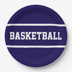 Sportliches Navy Blau Weiß BASKETBALL Text Streife Pappteller