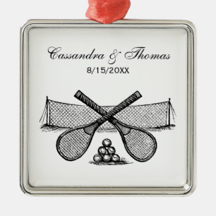 Sportliches Vintage-Tennisnetz, gekreuzte Schläger Silbernes Ornament
