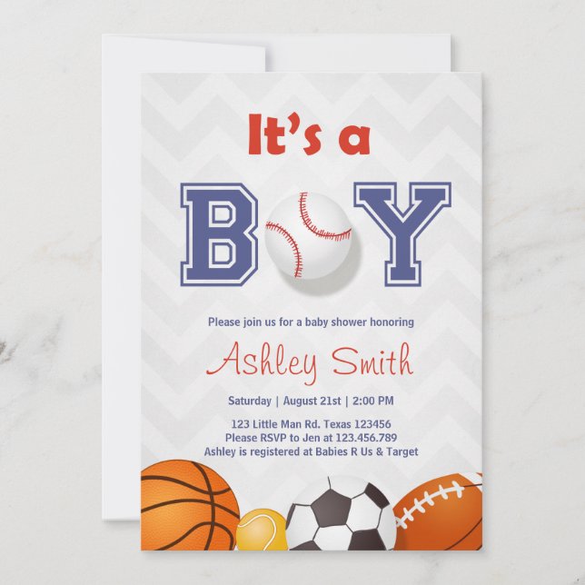 Sports Baby shower invitation C'est un garçon Bleu (Devant)