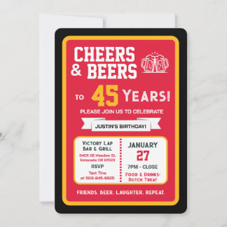 Sports Bar Geburtstags Cheers und Bier zum 45. Geb Einladung