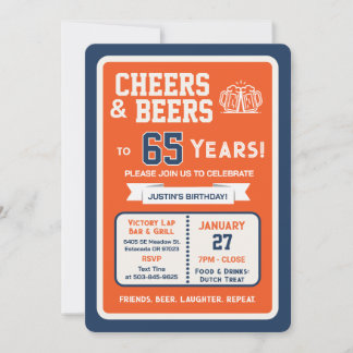 Sports Bar Geburtstags Cheers und Bier zum 65. Geb Einladung