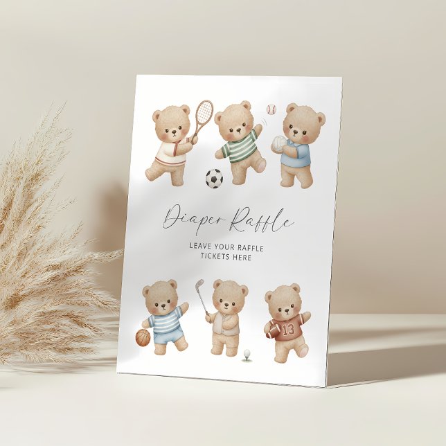 Sports bear baby shower diaper raffle sign sockelschild (sports bear diaper raffle sign)