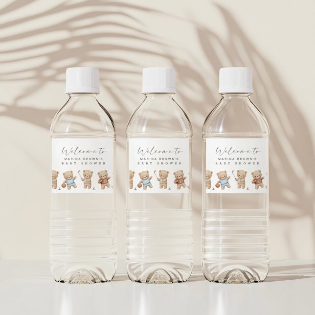 Sports bear baby shower, we can bearly wait (sport bears water bottle wrapper)