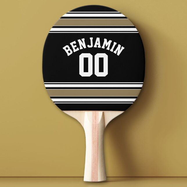 Sports Jersey Black and Gold Strips Name Number Tischtennis Schläger (Custom Ping Pong Paddle with a Sports Theme)