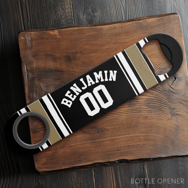 Sports Jersey Black and Gold Strips Nom Numéro (Custom Bottle Opener)