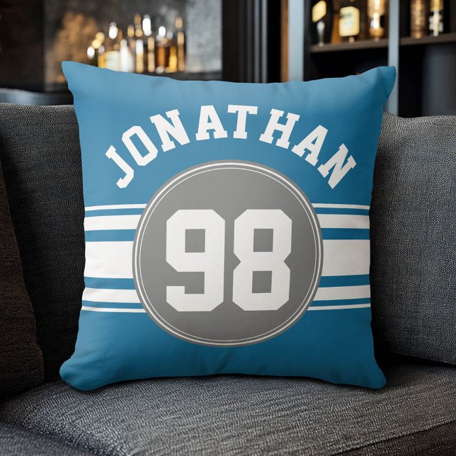 Sports Jersey Blue and Gray Stripes Name Number Kissen (Custom Sporty Pillow)
