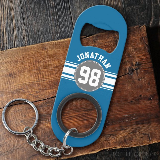 Sports Jersey Blue and Gray Stripes Name Number Mini Flaschenöffner (Custom Bottle Opener)