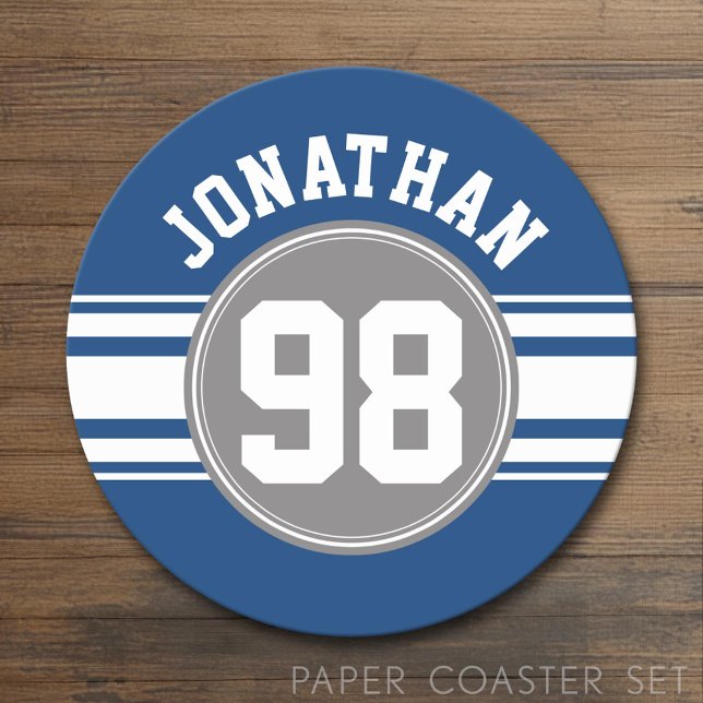Sports Jersey Blue and Gray Stripes Name Number Runder Pappuntersetzer (Custom Coaster)
