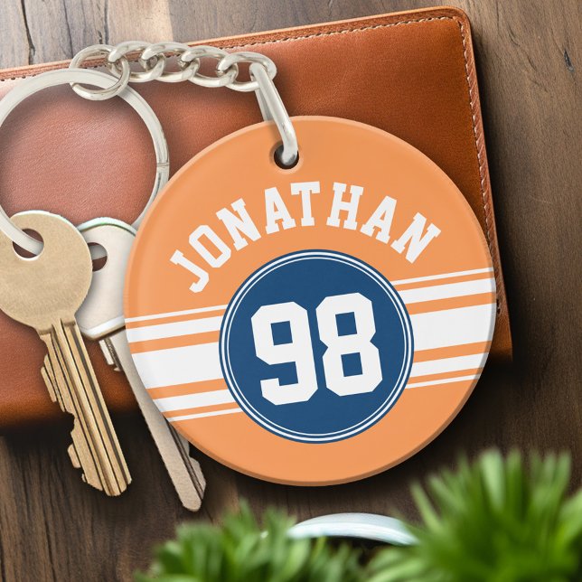 Sports Jersey Blue and Orange Stripes Nom Numéro (Personalized Keychain - sports jersey theme)
