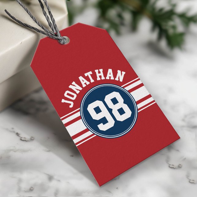Sports Jersey Navy Blue & Red Strips Namensnummer Geschenkanhänger (Custom Gift Tag)