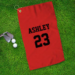 Sports Jersey Nummer und Name Red Personalisiert Golfhandtuch<br><div class="desc">Eine Jerseynummer und Name in schwarz auf einem roten Hintergrund. Sowohl Name als auch Nummer können im Textfeld personalisiert werden. Textfarbe kann vor dem Auschecken im Bearbeitungsmenü geändert werden.</div>