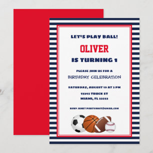 Sports rouges et bleus rayé Invitation d'anniversa