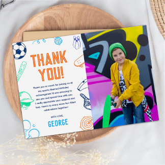 Sports Theme Boys Modern Birthday Party Photo Dankeskarte