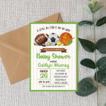 Sports Themed Baby Shower Invite  Einladung<br><div class="desc">This is a sports themed baby shower invite for a boy. A little All Star is on his way! This design includes football,  basketball,  soccer,  hockey,  golf,  baseball,  and tennis. Green and brown. It's a boy!</div>