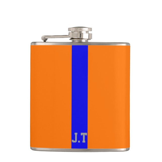 Sportsymbole Orange und Blue Monogram Flachmann (Vorderseite)