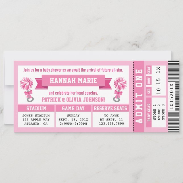Sportticket Baby Showeinladung, rosa Cheerleader Einladung (Vorderseite)