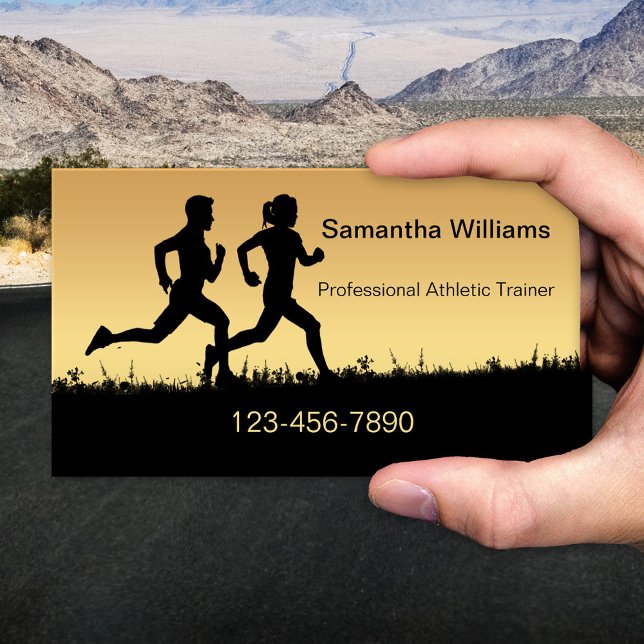 Sporttrainer-Visitenkarte für das Laufen Visitenkarte (Elegant sports or fitness coach business card featuring a silhouette of two people running )