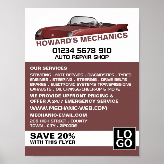 Sportwagen, Auto Mechanik & Reparaturen Werbung Poster (Vorne)