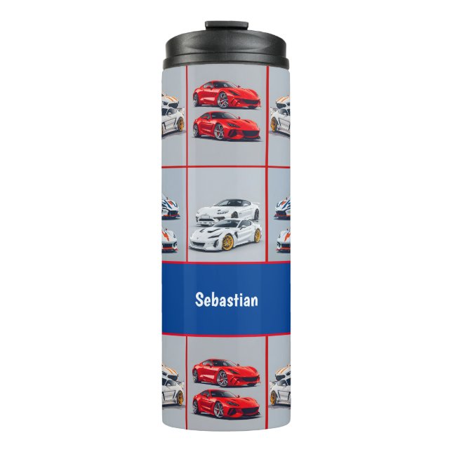 Sportwagenfans aus Rot und Weiß Thermosbecher (Vorderseite)
