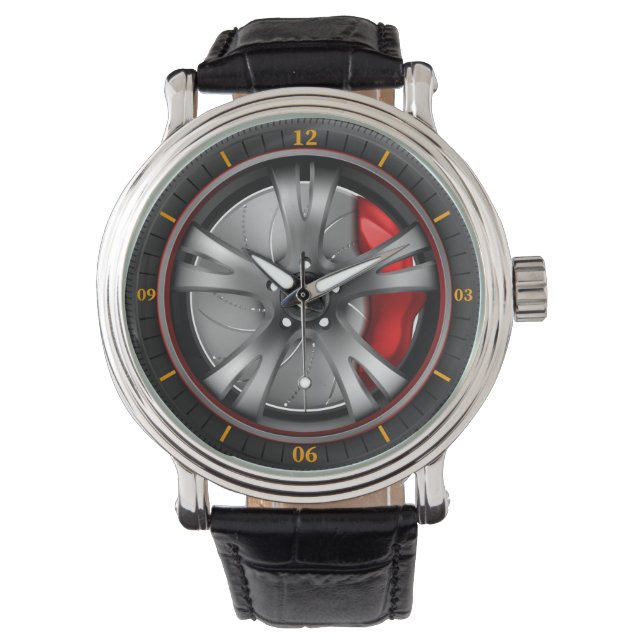 Sportwagenrad mit roter Bremse Armbanduhr (Vorderseite)