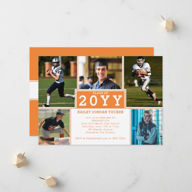 Sporty 5-Foto Orange White Abschluss Einladung (Vorderseite/Rückseite Beispiel)