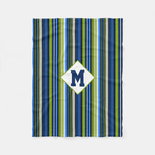 Sporty Blue Green Stripe Monogram Fleece Blanket (Vorderseite)