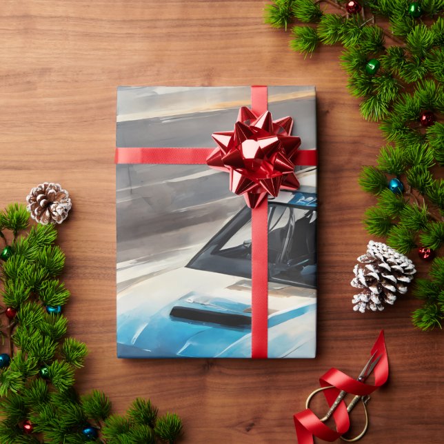 Sporty Blue Racing Auto Geschenkpapier (Feiertagsgeschenk)