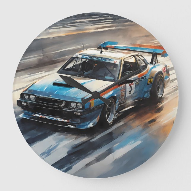 Sporty Blue Racing Auto Große Wanduhr (Vorderseite)