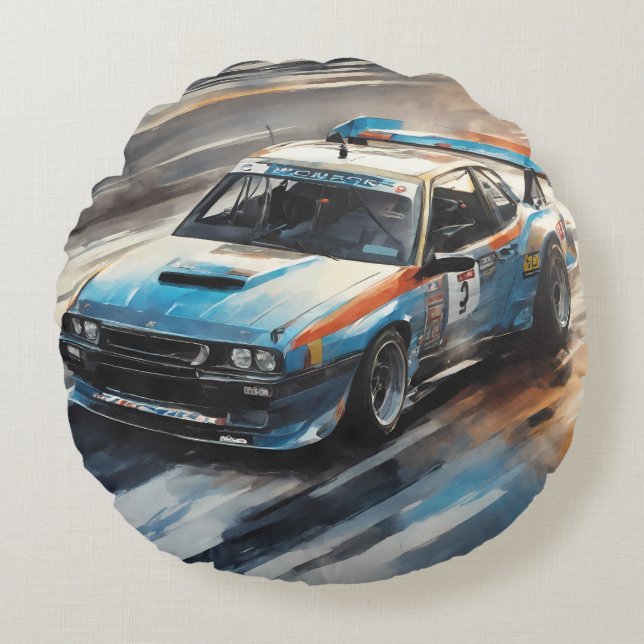 Sporty Blue Racing Auto Rundes Kissen (Vorderseite)