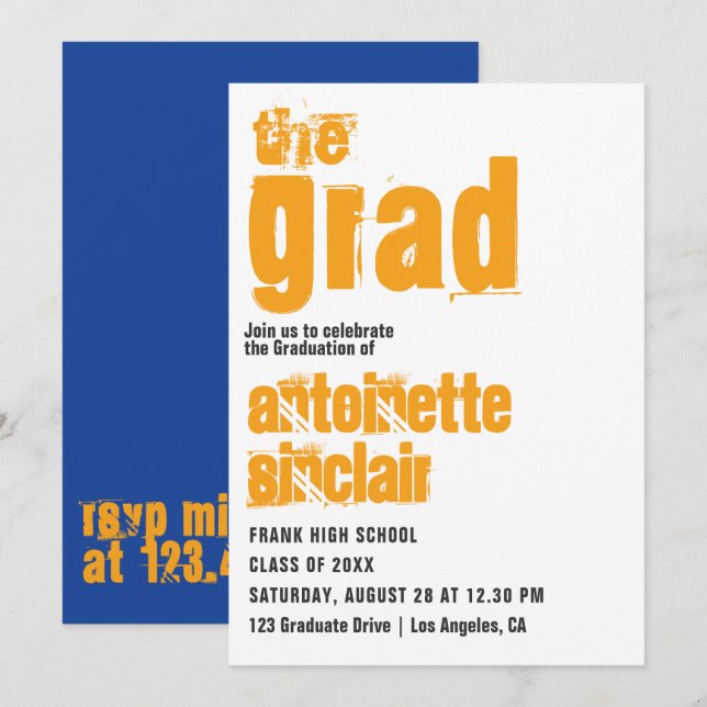 Sporty Blue und Orange Typografy Grad Einladung (Vorne/Hinten)