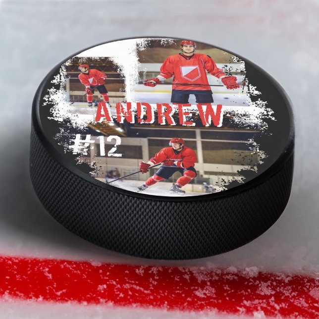Sporty Custom Player Name & Nummer 3 Foto Collage Eishockey Puck (Sporty Custom Player Name & Number 3 Photo Collage Hockey Puck)