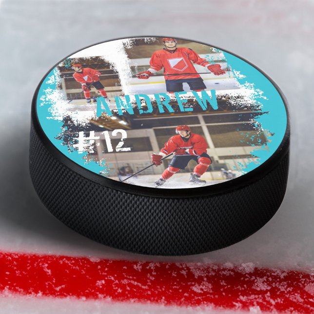 Sporty Custom Player Name & Nummer 3 Foto Collage Eishockey Puck (Sporty Custom Player Name & Number 3 Photo Collage Hockey Puck)