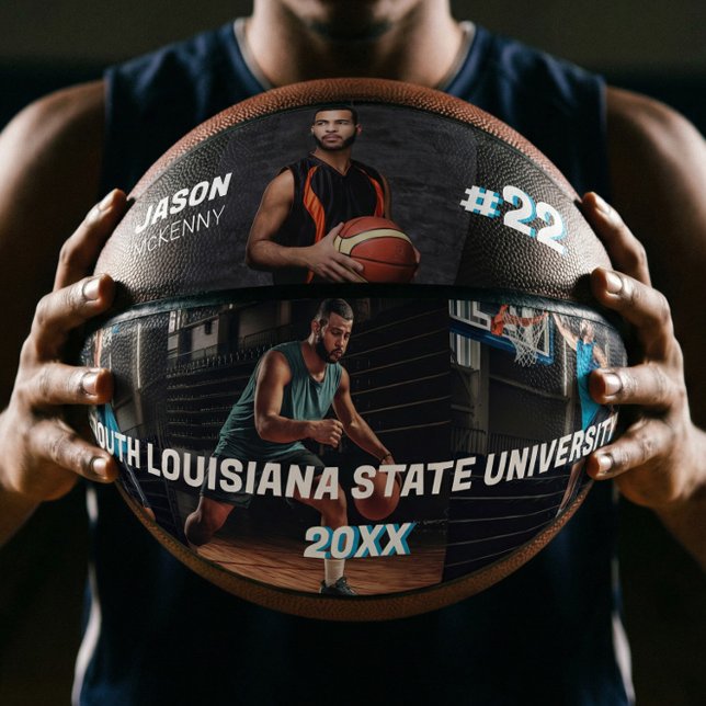 Sporty Custom Player Name & Nummer 4 Foto Collage Basketball (Sporty Custom Player Name Number Photo Collage Basketball)