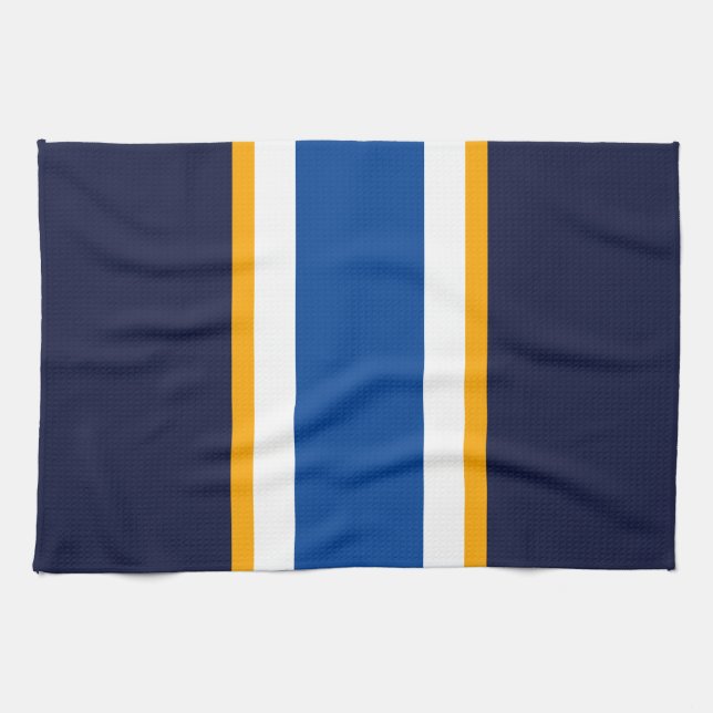 Sporty Deep Blue Navy White Yellow Racing Stripes Geschirrtuch (Horizontal)