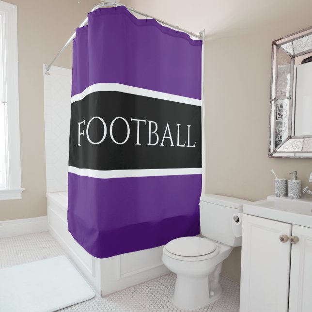 Sporty FOOTBALL Royal Lila Schwarz-weiße Streifen Duschvorhang (Beispiel)