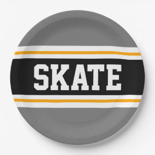 Sporty Fun Gray Black Yellow SKATE Racing Streifen Pappteller