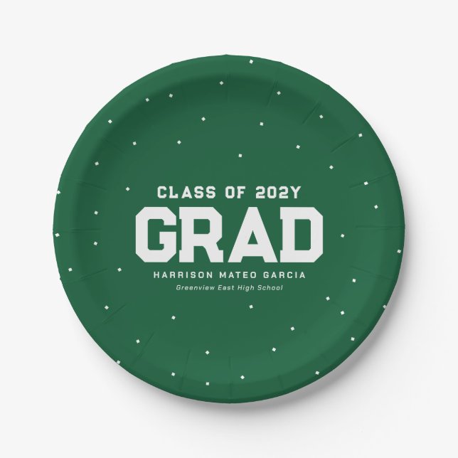 Sporty grad Sportlergrün personalisierter Abschlus Pappteller (Vorderseite)