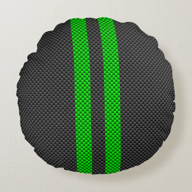 Sporty Green Carbon Fibre Racing Stripes Rundes Kissen (Vorderseite)