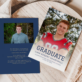 Sporty Navy Blue Gold Photo Grad Faire-part