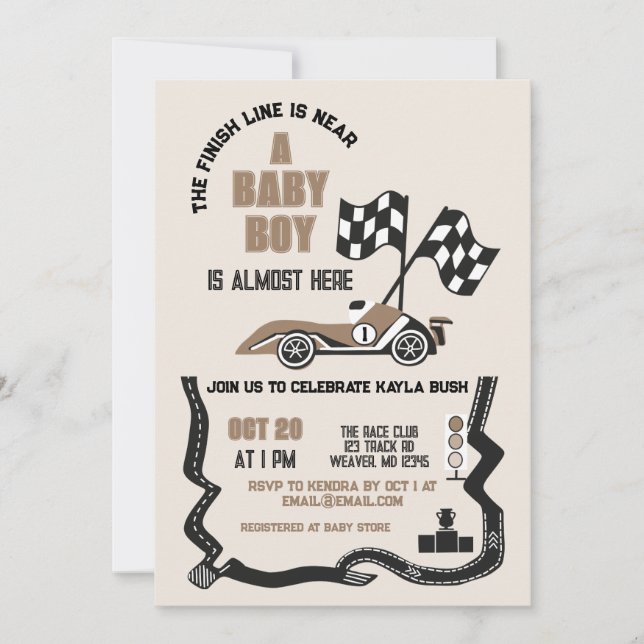 Sporty Race Car Boy Babydusche Einladung (Vorderseite)